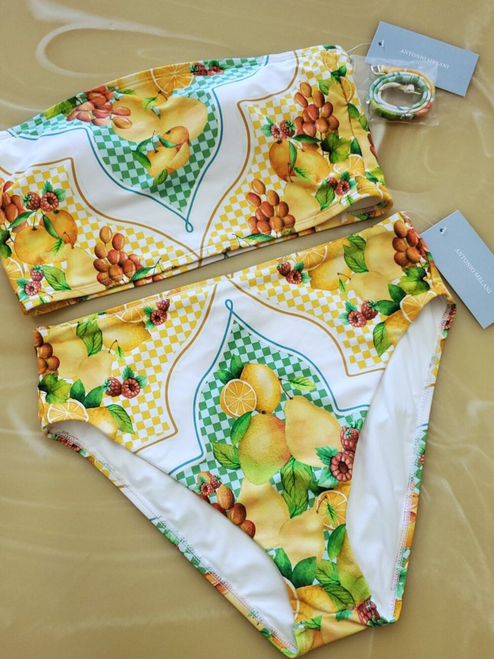 Antonio Melani Lemons Swim Bandeau Top & High Waist Pant Bikini Set Size M - NWT